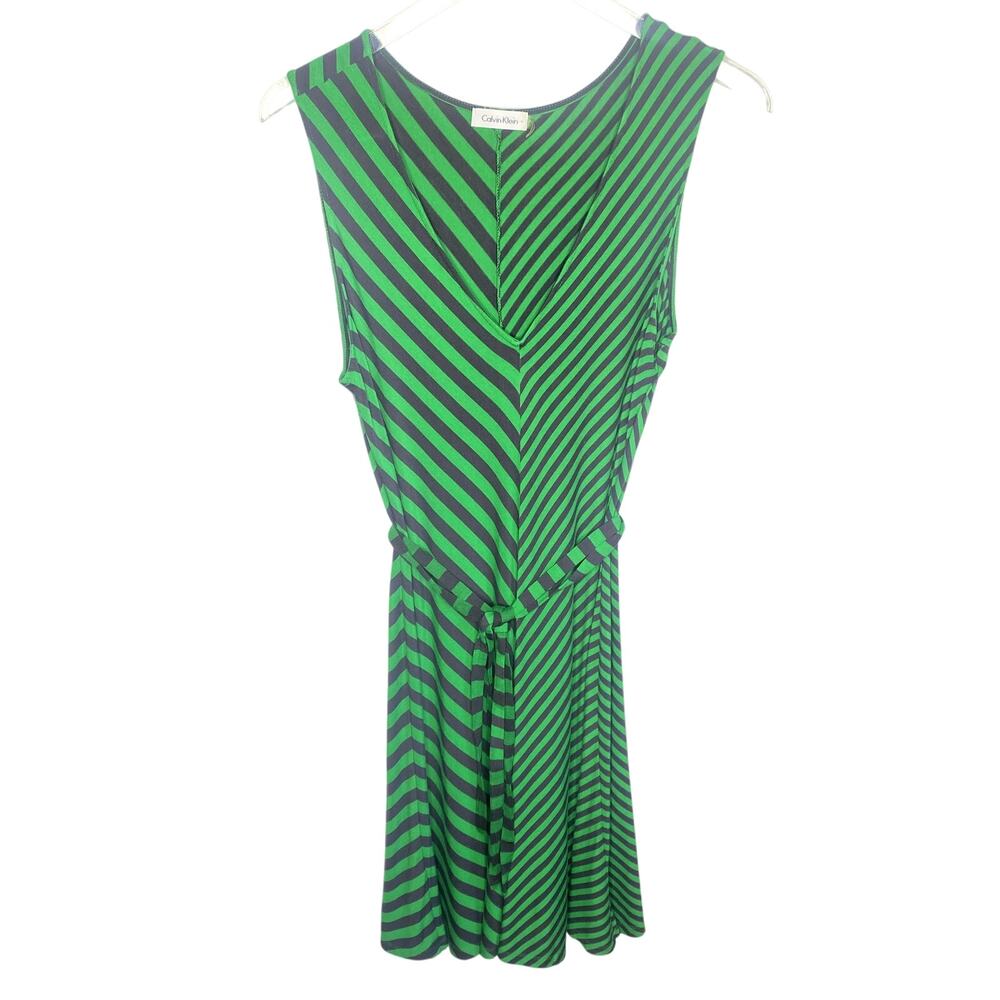 Calvin Klein V-neck Green Black Striped Sleeveless Belted Dress Size 14